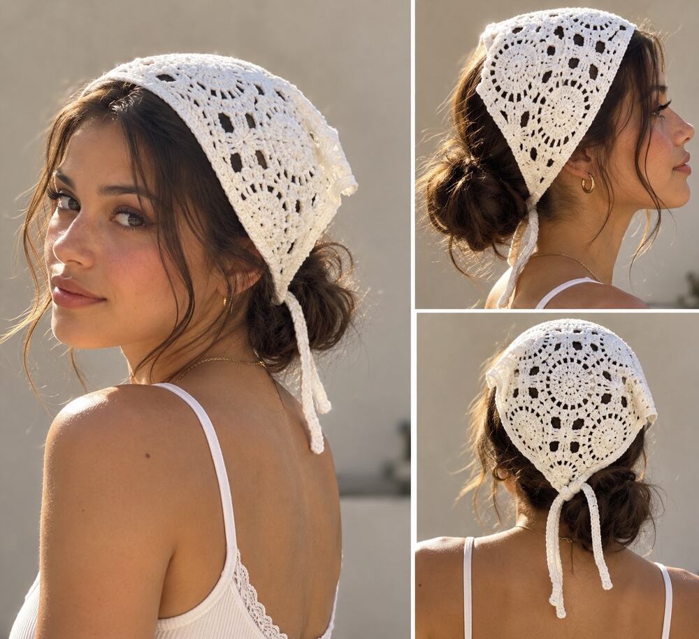 White Crochet Knit Triangle Headscarf O/S French Style Geo Floral Boho Hippie